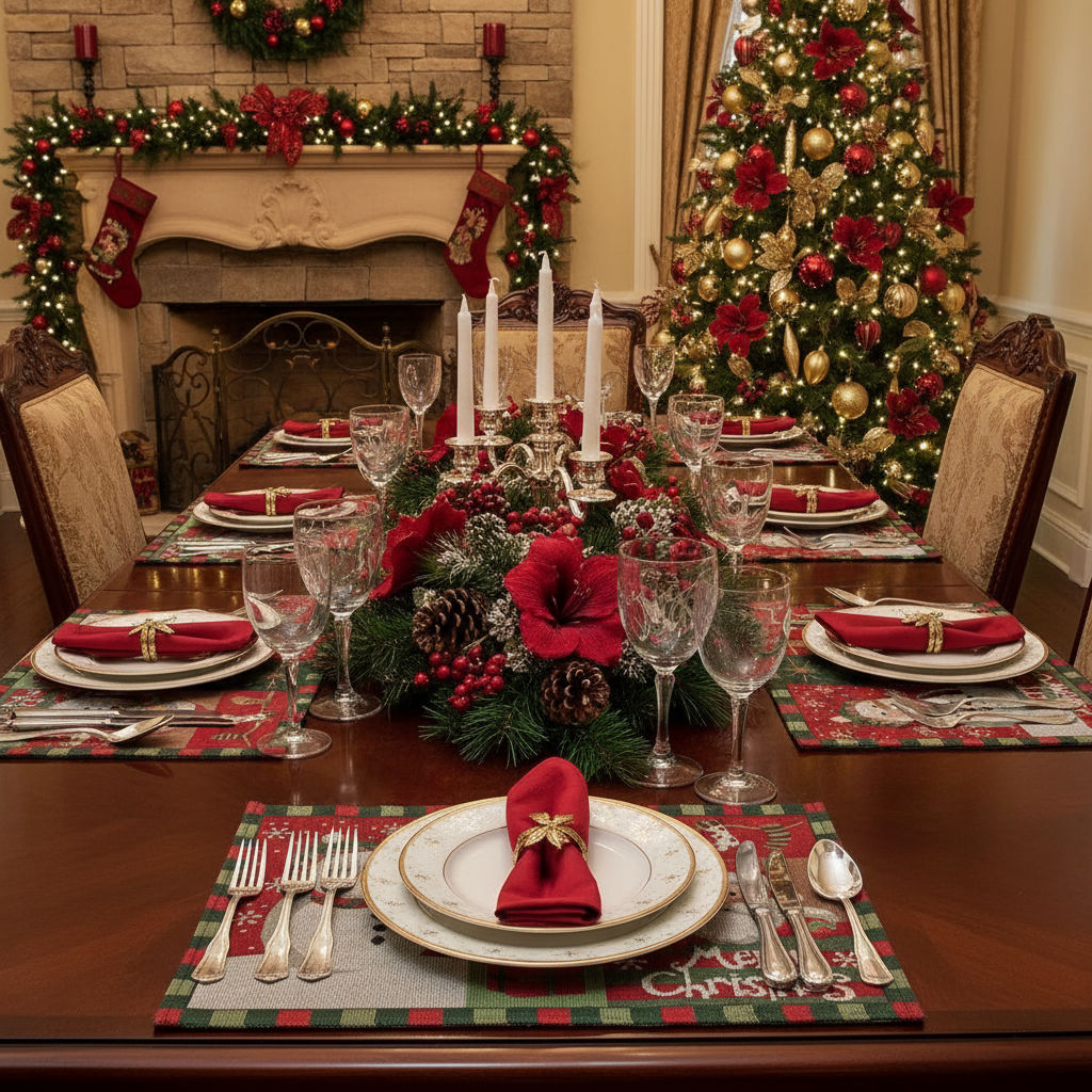 Tapestry Unbacked Placemat – Snowman & Santa Design, Holiday Table Set of 12