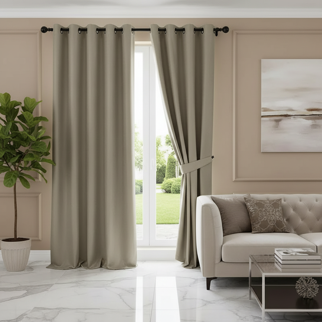 Taupe Faux Silk Curtain Panels with Grommets – Set of 2, Luxurious Window Drapes