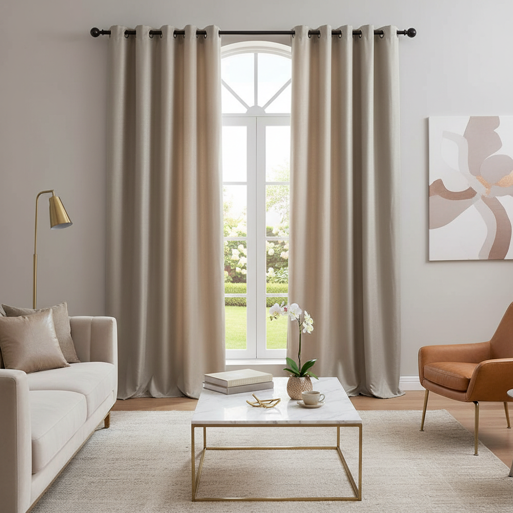 Taupe Faux Silk Curtain Panels with Grommets – Set of 2, Luxurious Window Drapes