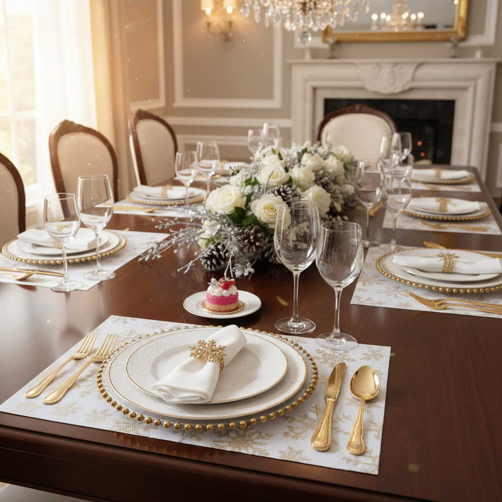 Vinyl Placemat – Gold Snowflake on White, Holiday Table Set of 12