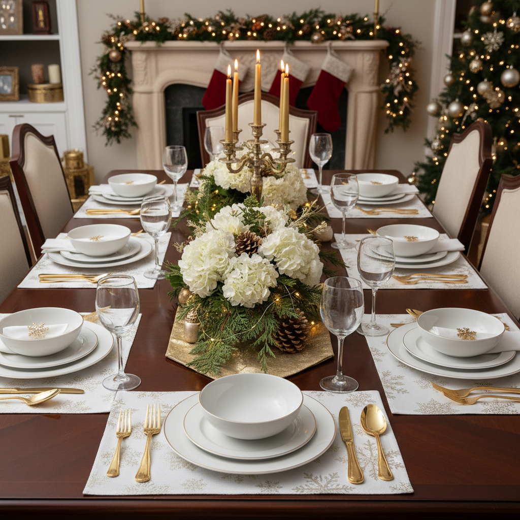 Vinyl Placemat – Gold Snowflake on White, Holiday Table Set of 12