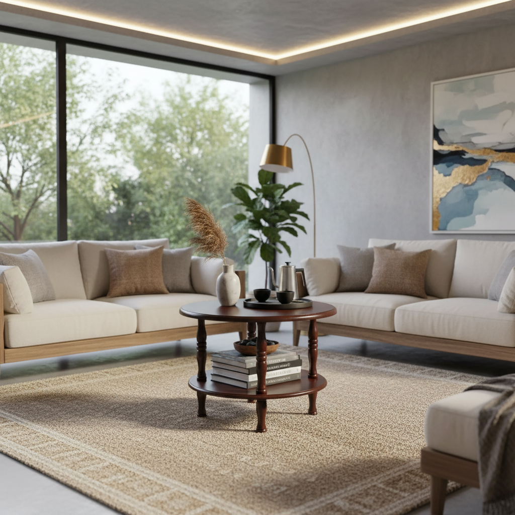 Wooden Low Rise Round Coffee Table – Rustic Modern Living Room Furniture