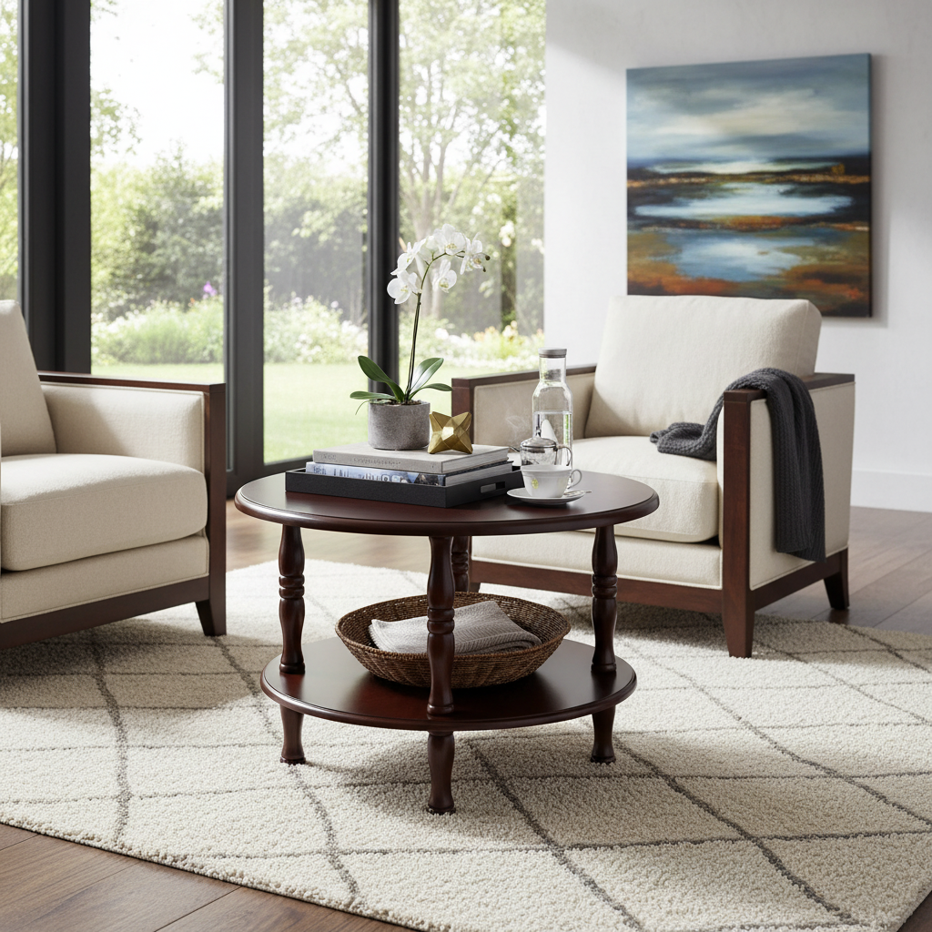 Wooden Low Rise Round Coffee Table – Rustic Modern Living Room Furniture