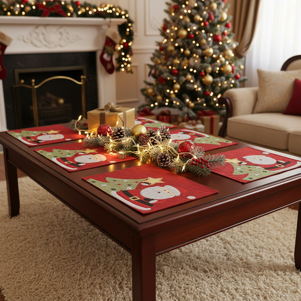 Tapestry Unbacked Placemat – Santa Decorating Tree, Holiday Dining Set of 12