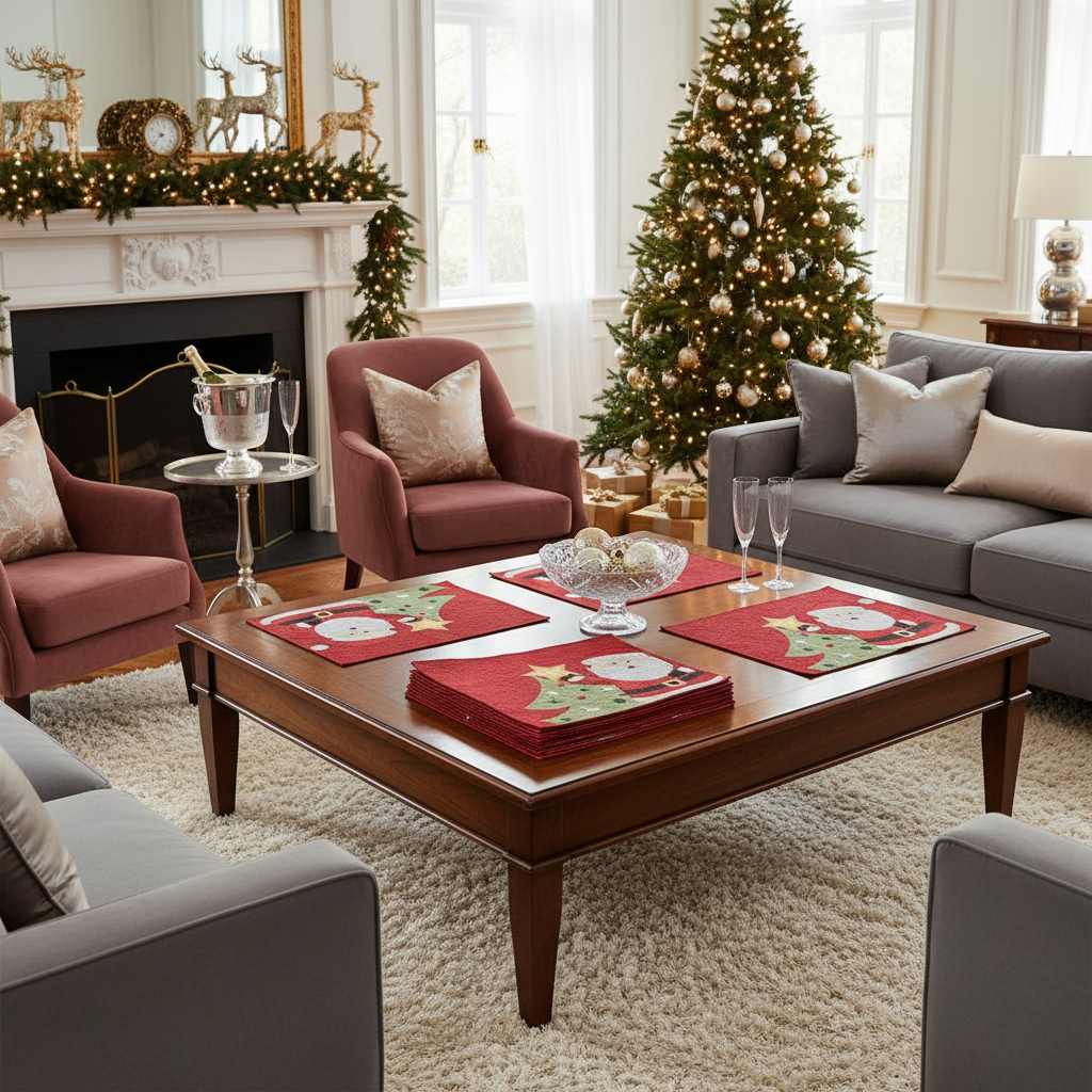 Tapestry Unbacked Placemat – Santa Decorating Tree, Holiday Dining Set of 12