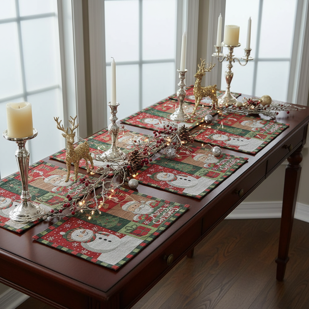 Tapestry Unbacked Placemat – Snowman & Santa Design, Holiday Table Set of 12