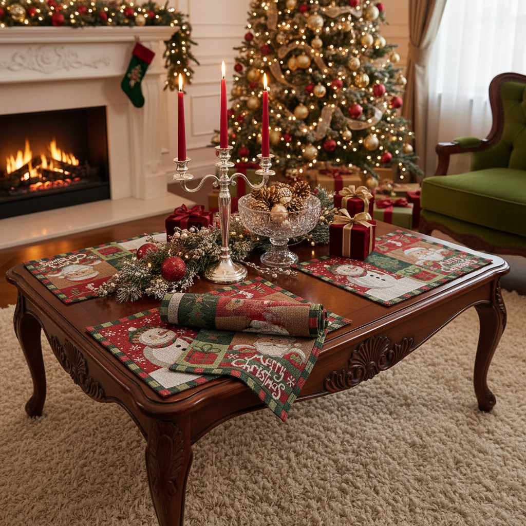Tapestry Unbacked Placemat – Snowman & Santa Design, Holiday Table Set of 12