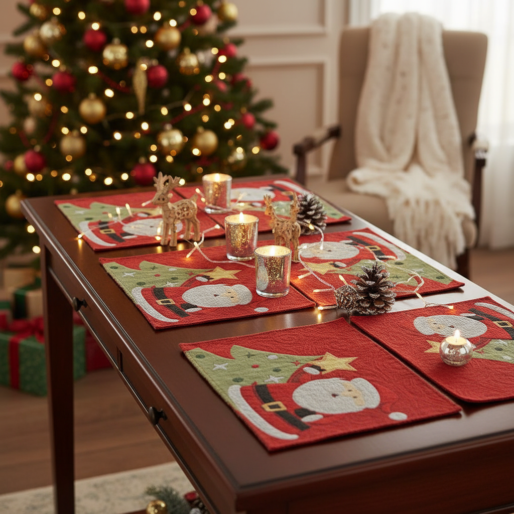 Tapestry Unbacked Placemat – Santa Decorating Tree, Holiday Dining Set of 12