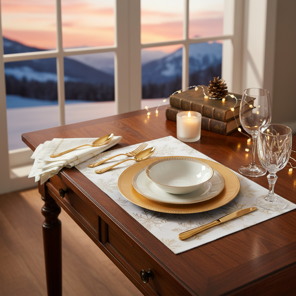 Vinyl Placemat – Gold Snowflake on White, Holiday Table Set of 12