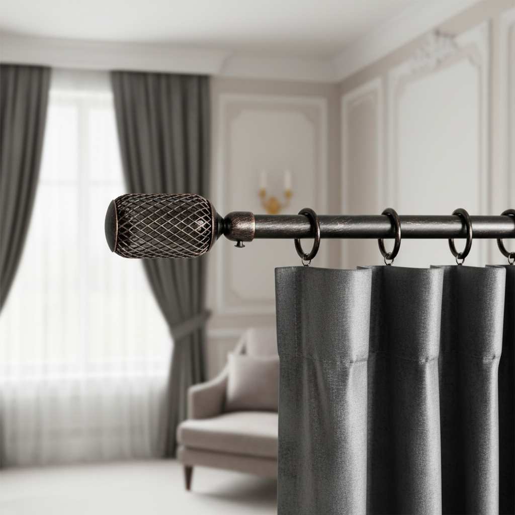Adjustable Metal Drape Pole 16/19mm – Annette Black Copper Finish, 48-84", Curtain Rod Set
