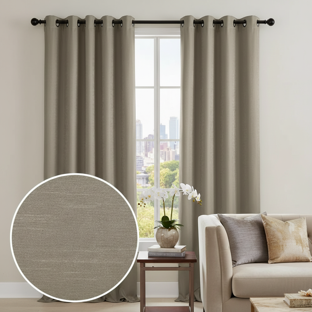 Taupe Faux Silk Curtain Panels with Grommets – Set of 2, Luxurious Window Drapes