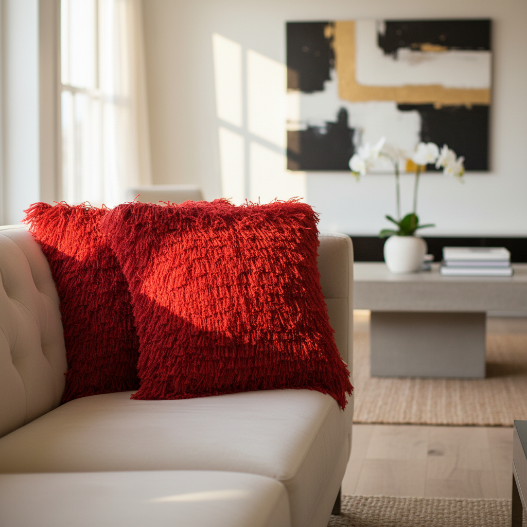 Red Furry Throw Cushion Pillow – Set of 2, Soft Decorative Home Accent