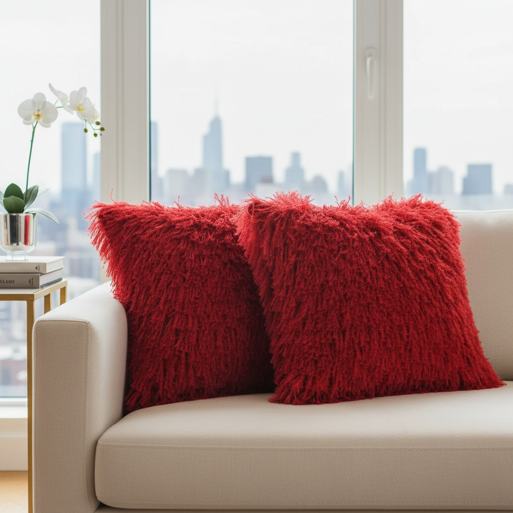 Red Furry Throw Cushion Pillow – Set of 2, Soft Decorative Home Accent