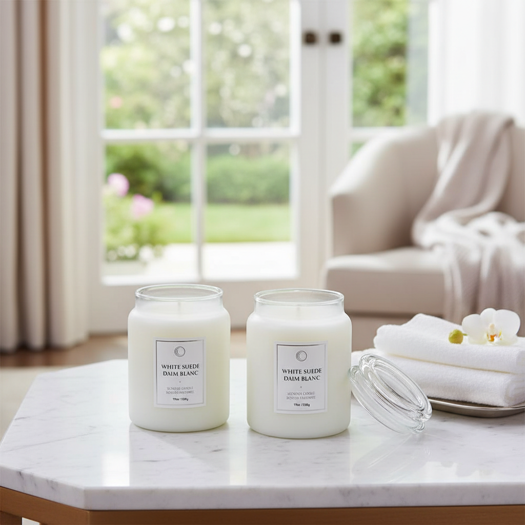 19oz White Suede Luxe Scented Candle With Glass Lid Set of 2