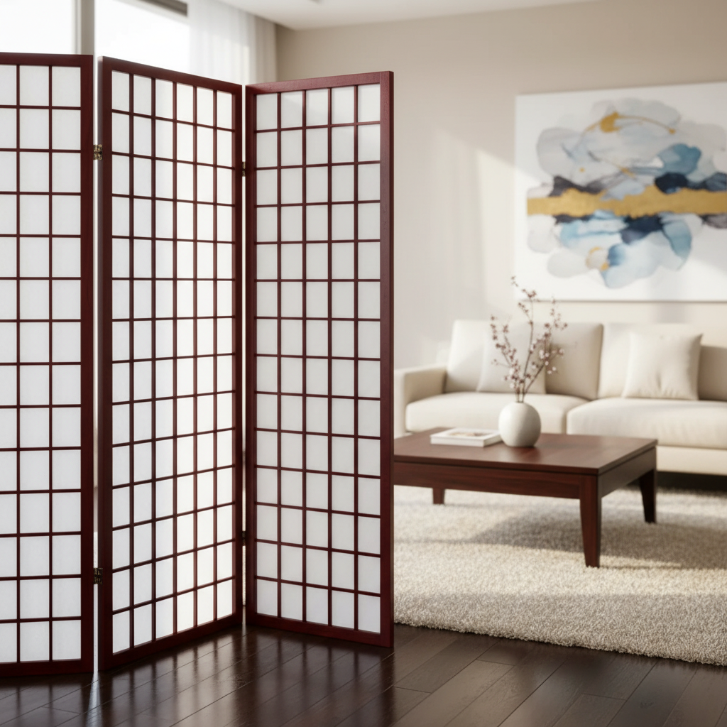 3 Panel Wood Framed Paper Screen Mahogany – Decorative Room Divider, Japanese Style Shoji