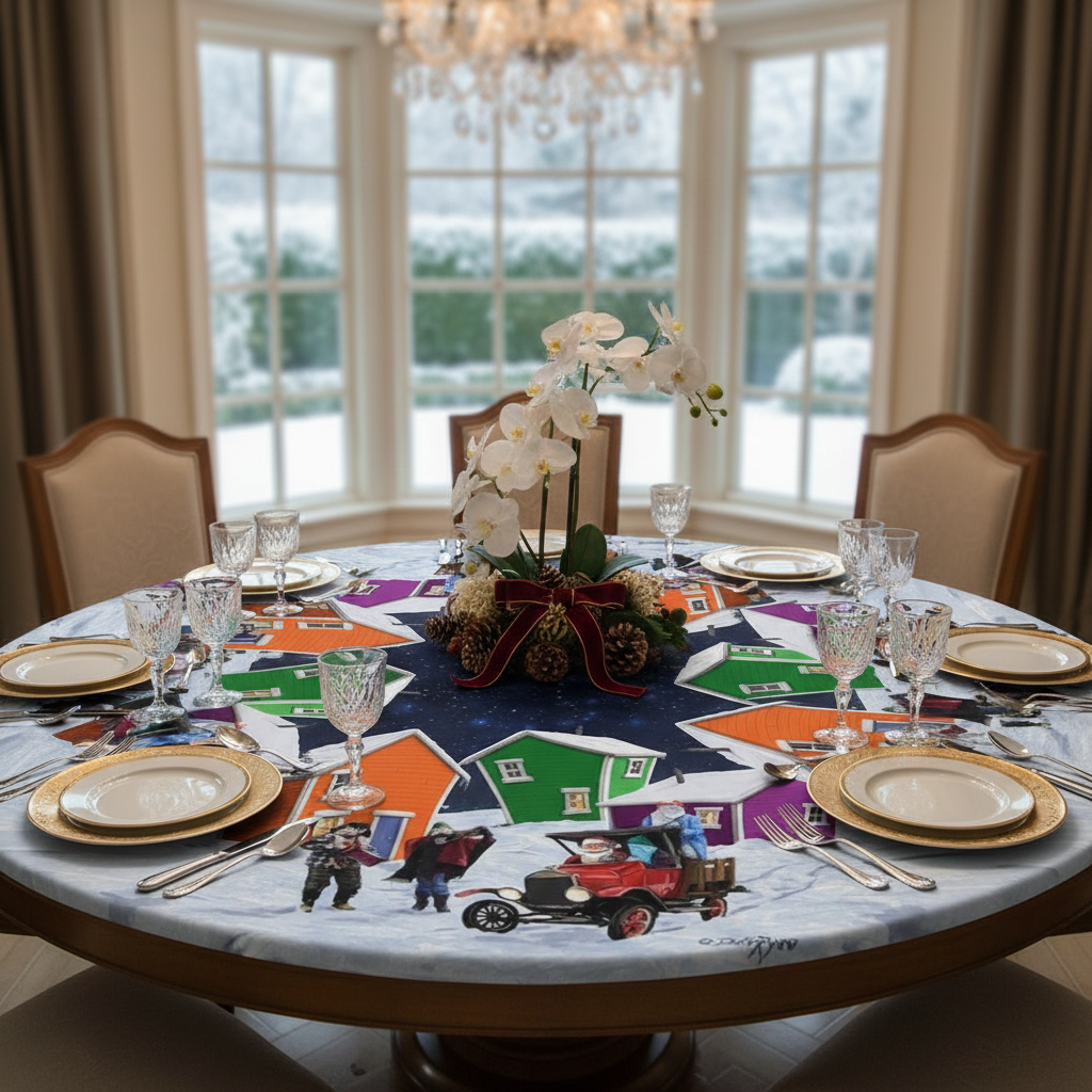 Round Polyester Digital Print Tablecloth Santa’s Helpers 60 Inch – Holiday Table Linen