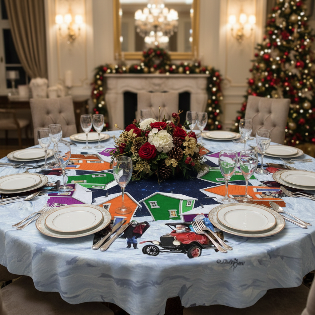 Round Polyester Digital Print Tablecloth Santa’s Helpers 60 Inch – Holiday Table Linen