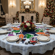 Round Polyester Digital Print Tablecloth Santa’s Helpers 60 Inch – Holiday Table Linen