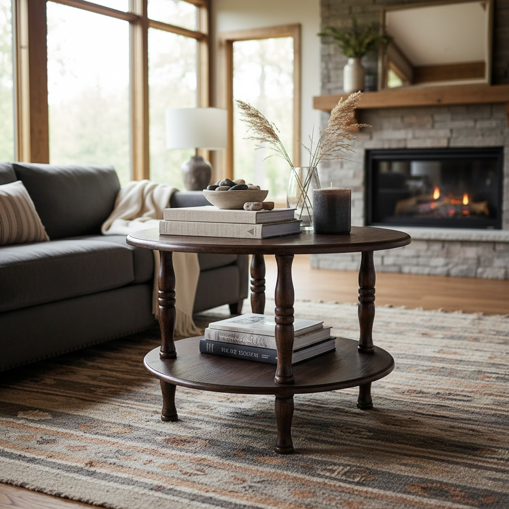 Wooden Low Rise Round Coffee Table – Rustic Modern Living Room Furniture
