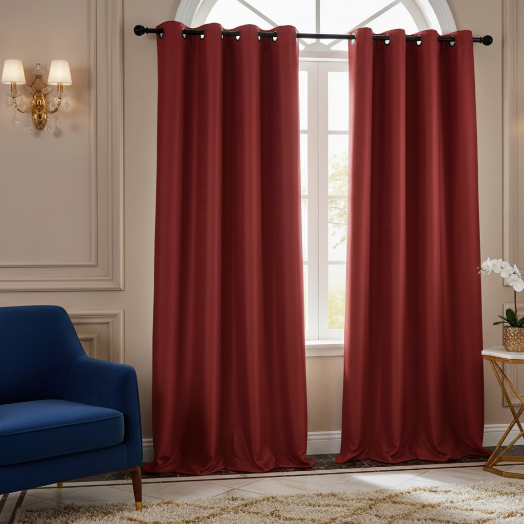 Red Faux Silk Curtain Panels with Grommets – Set of 2, Elegant Window Drapes