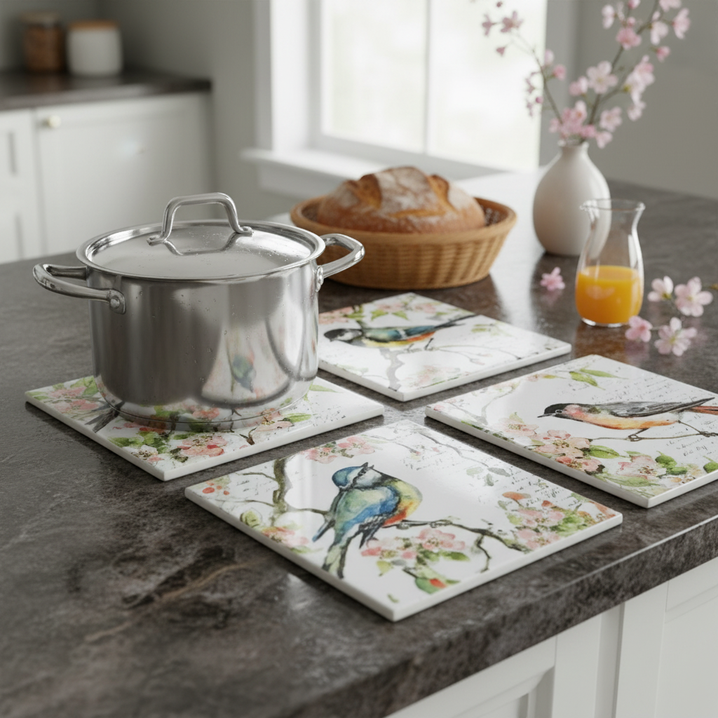 8 Inch Square Ceramic Trivet Spring Bird Design Set of 4 Kitchen Hot Plate