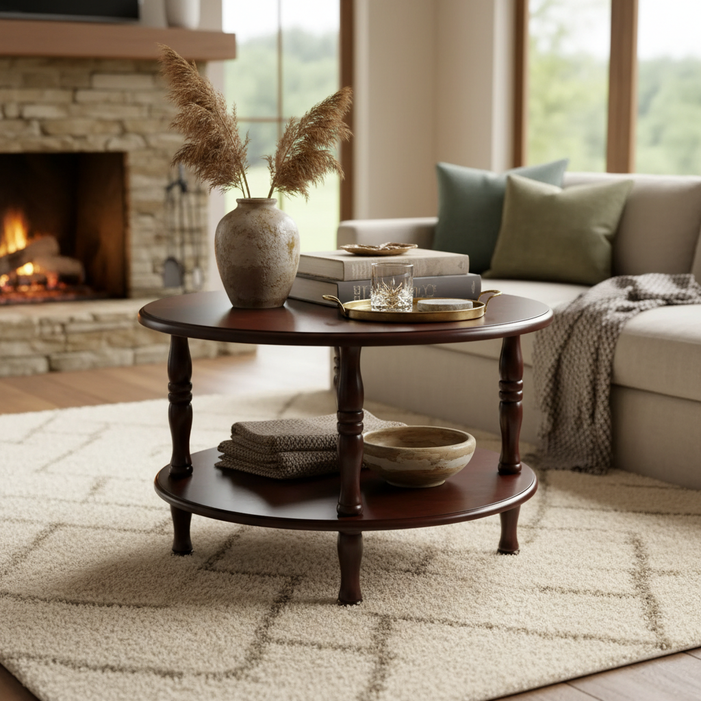 Wooden Low Rise Round Coffee Table – Rustic Modern Living Room Furniture