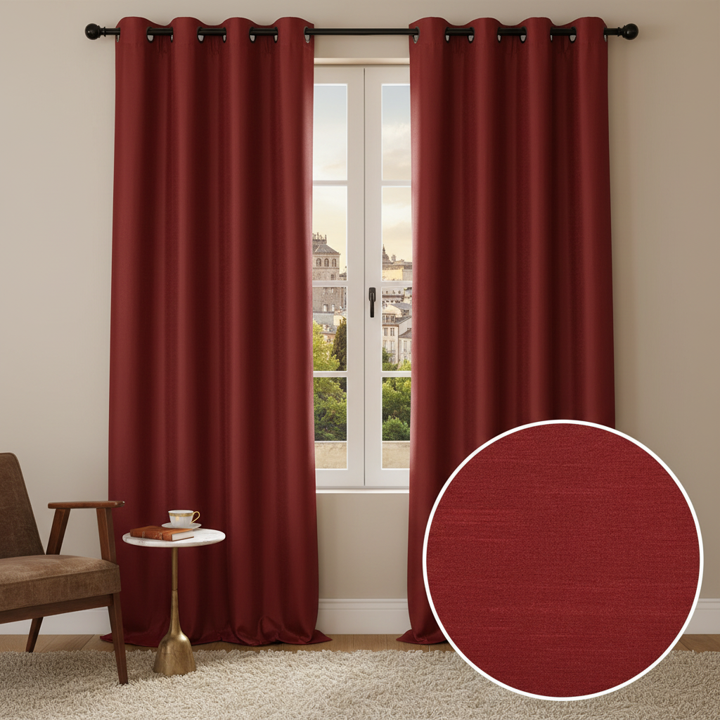 Red Faux Silk Curtain Panels with Grommets – Set of 2, Elegant Window Drapes