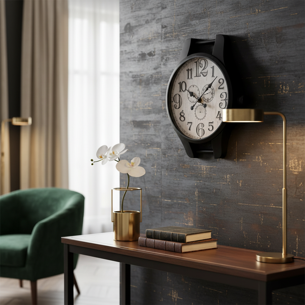Black Metal Wall Clock – Watch-Shaped Decorative Clock for Home