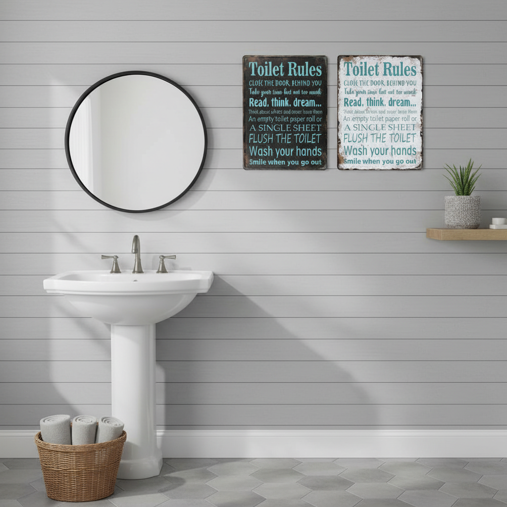 Metal Wall Sign – Bathroom Rules (“Règles De Salle De Bain”), Assorted, Set of 2