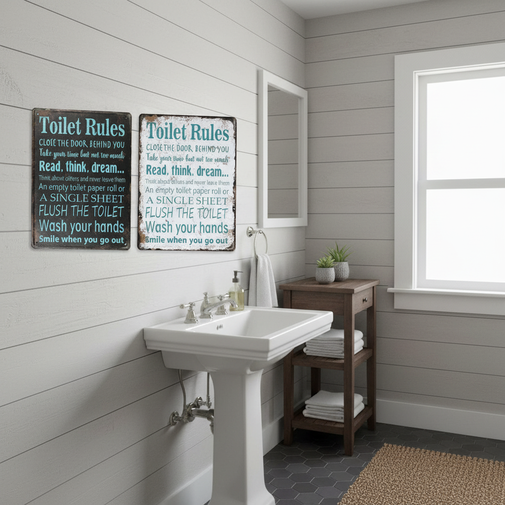 Metal Wall Sign – Bathroom Rules (“Règles De Salle De Bain”), Assorted, Set of 2