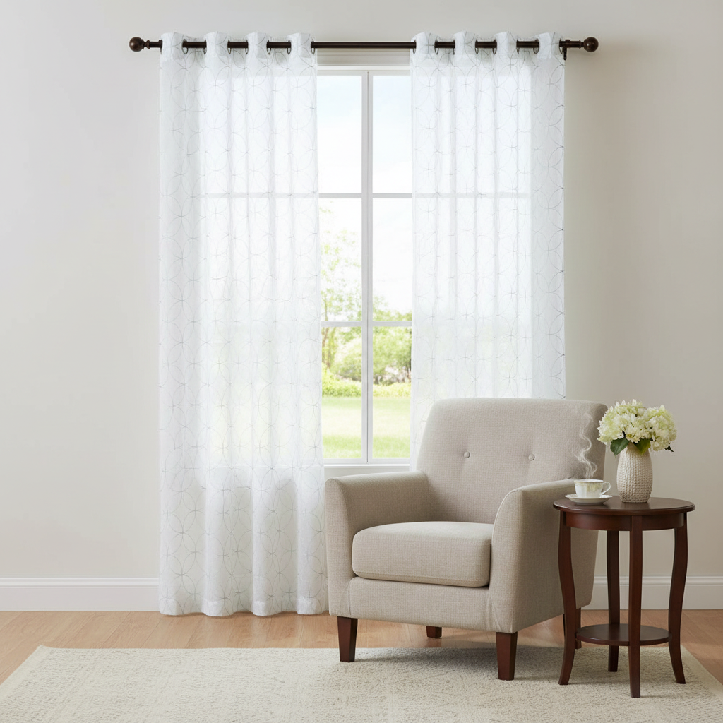 Lurex Embroidered Sheer Curtain Panel – Curved Diamond Teal, 8 Grommets, Set of 2