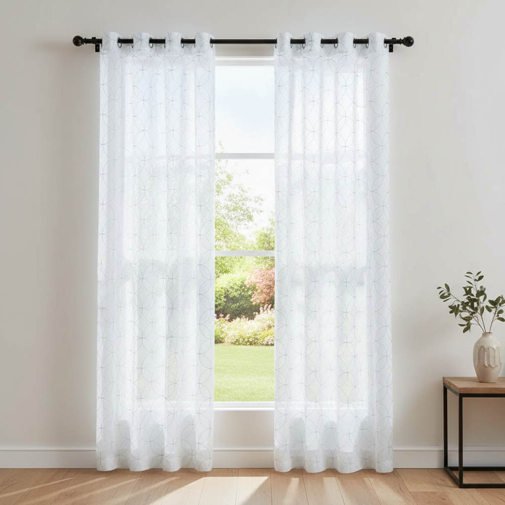 Lurex Embroidered Sheer Curtain Panel – Curved Diamond Teal, 8 Grommets, Set of 2