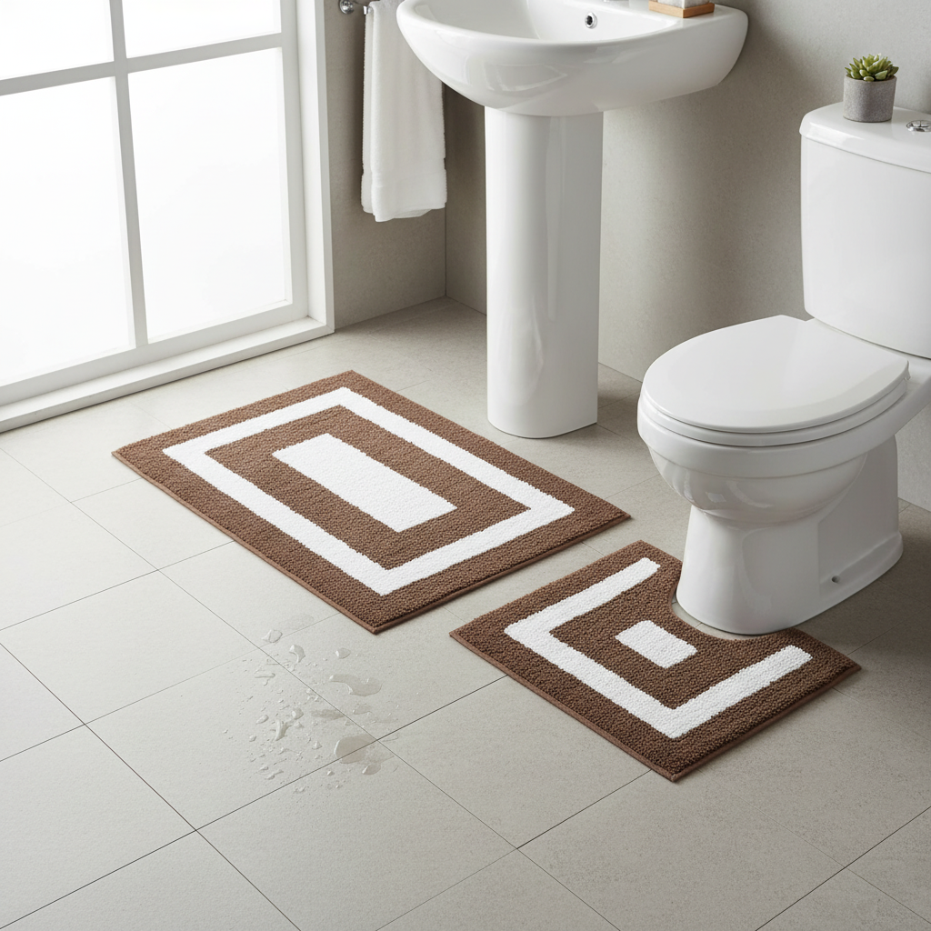 2-Piece Cotton Bath Mat Set – White with Chocolate Border, Absorbent Bathroom Rug
