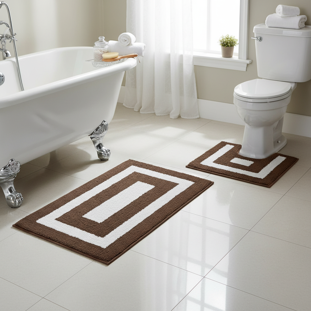 2-Piece Cotton Bath Mat Set – White with Chocolate Border, Absorbent Bathroom Rug