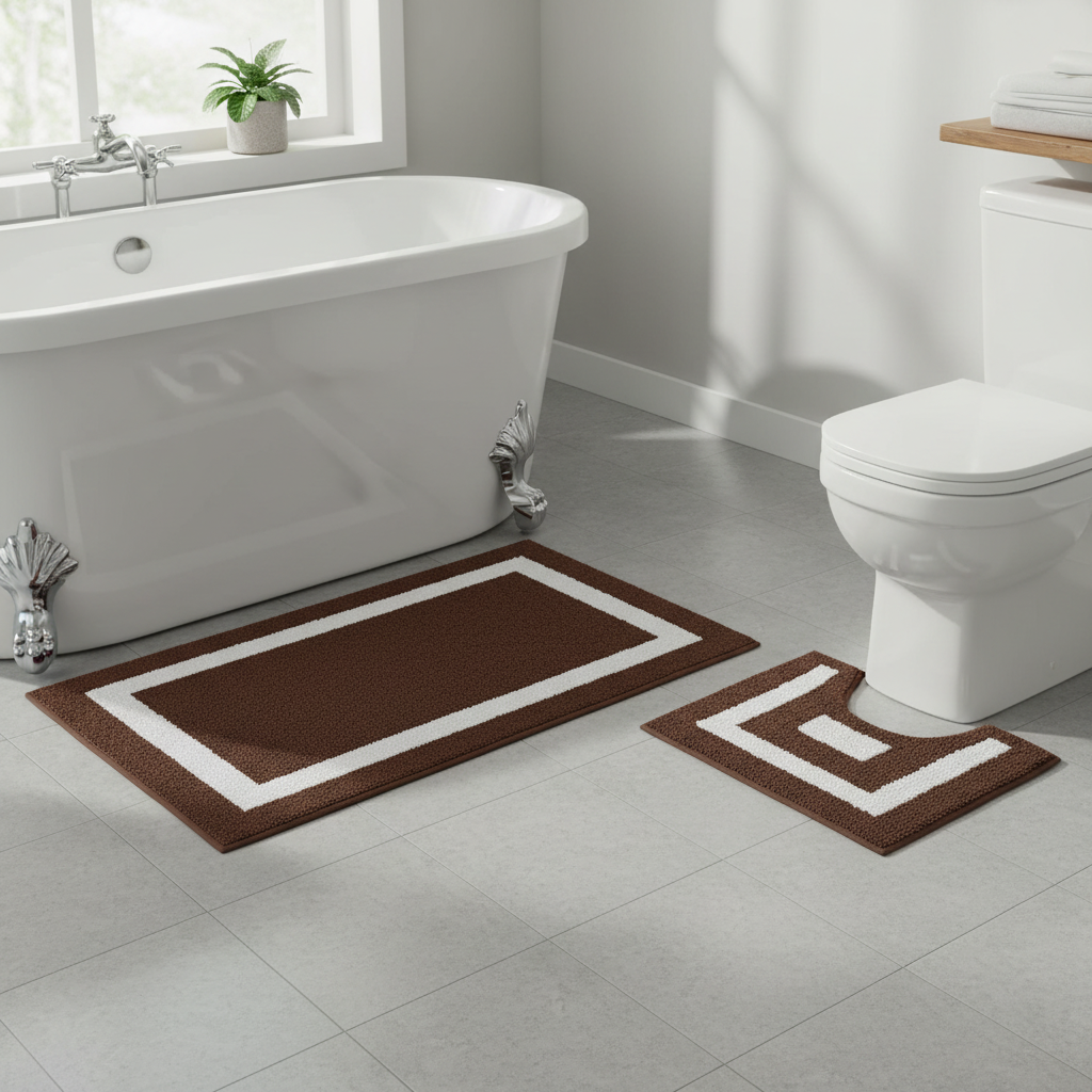 2-Piece Cotton Bath Mat Set – White with Chocolate Border, Absorbent Bathroom Rug