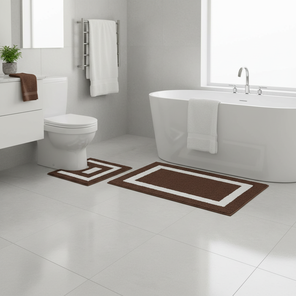 2-Piece Cotton Bath Mat Set – White with Chocolate Border, Absorbent Bathroom Rug