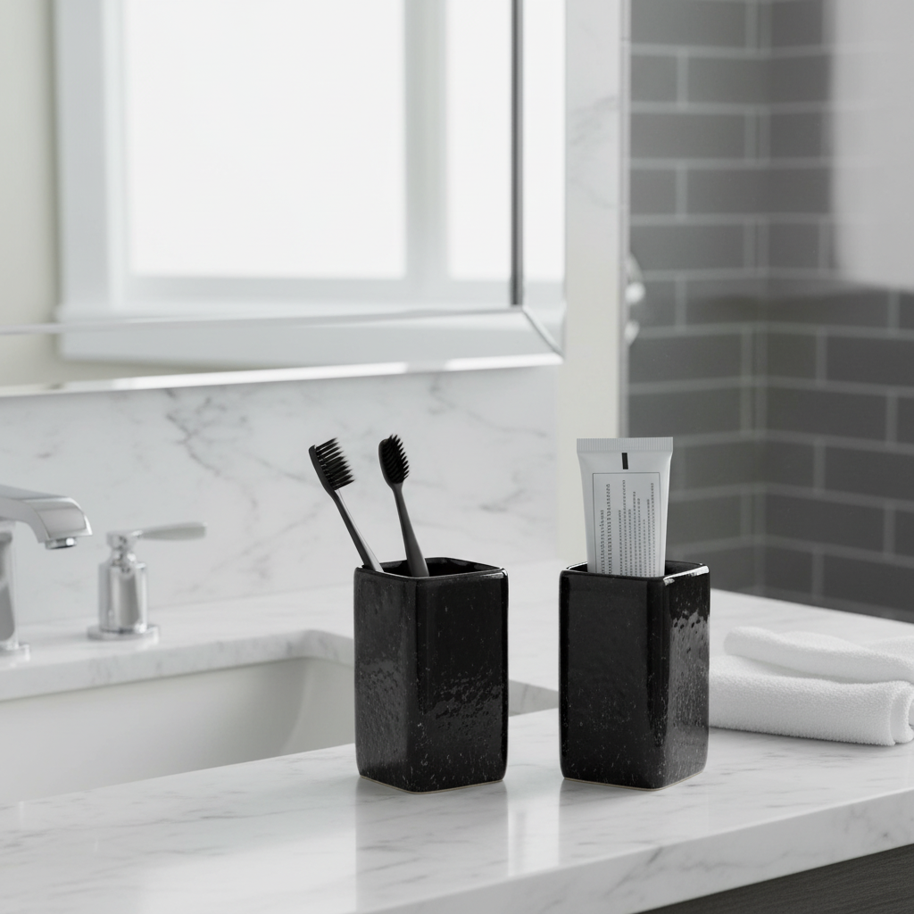 Ceramic Bathroom Tumbler – Black Granite, Set of 2, Elegant Bathroom Accessory