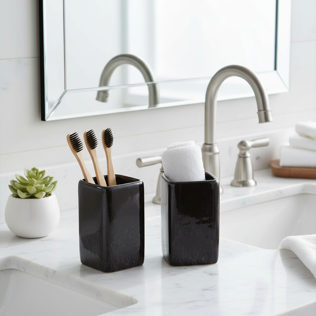 Ceramic Bathroom Tumbler – Black Granite, Set of 2, Elegant Bathroom Accessory