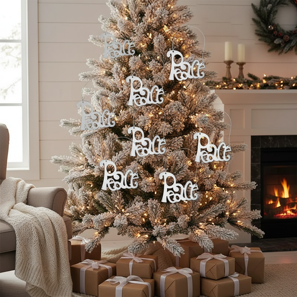 Flat Silver Metal Holiday Ornament – "Peace" Text, Set of 12