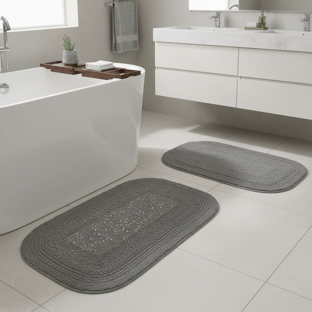 Reversible Cotton Oval Bath Mat – Solid Gray 16x24, Set of 2