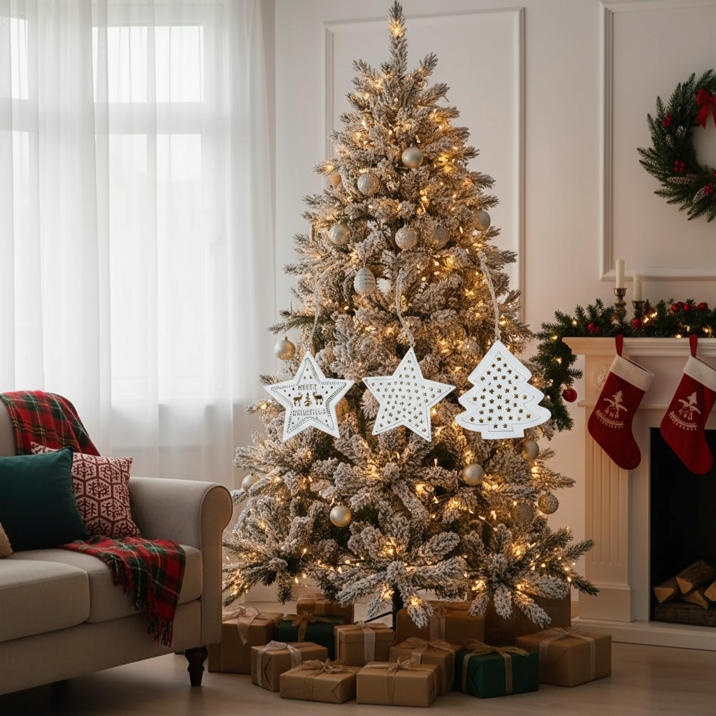 Wooden Star & Tree Christmas Ornament Set of 12 – Holiday Tree Decoration