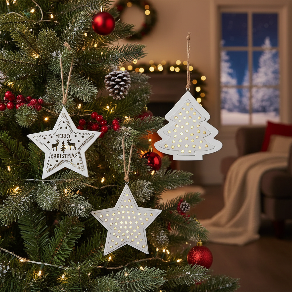 Wooden Star & Tree Christmas Ornament Set of 12 – Holiday Tree Decoration