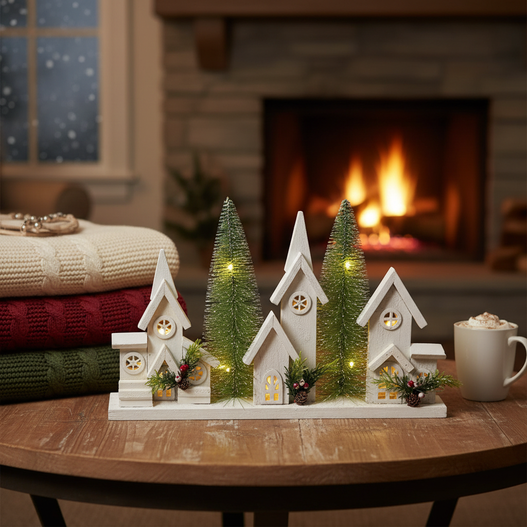 12.01" LED Triple Wooden House White – Christmas Table Decor