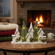 12.01" LED Triple Wooden House White – Christmas Table Decor