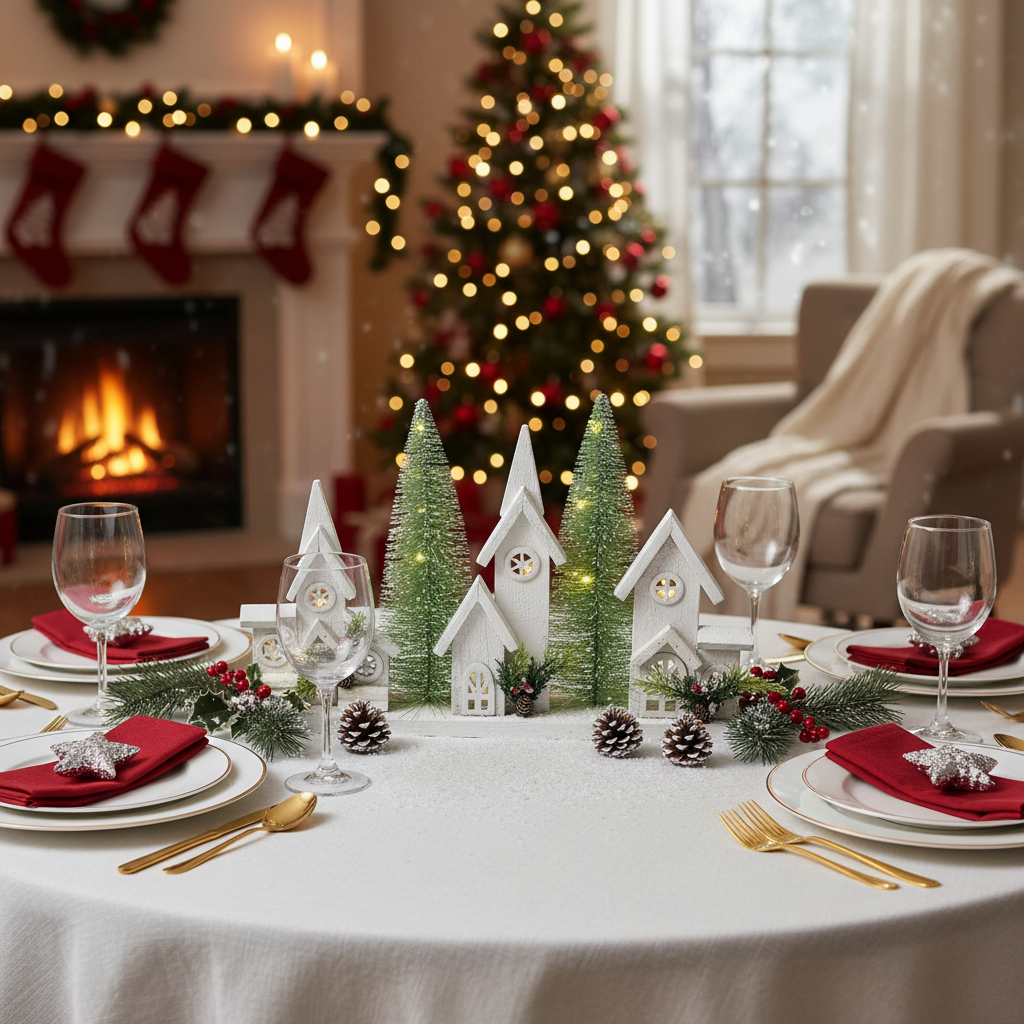 12.01" LED Triple Wooden House White – Christmas Table Decor