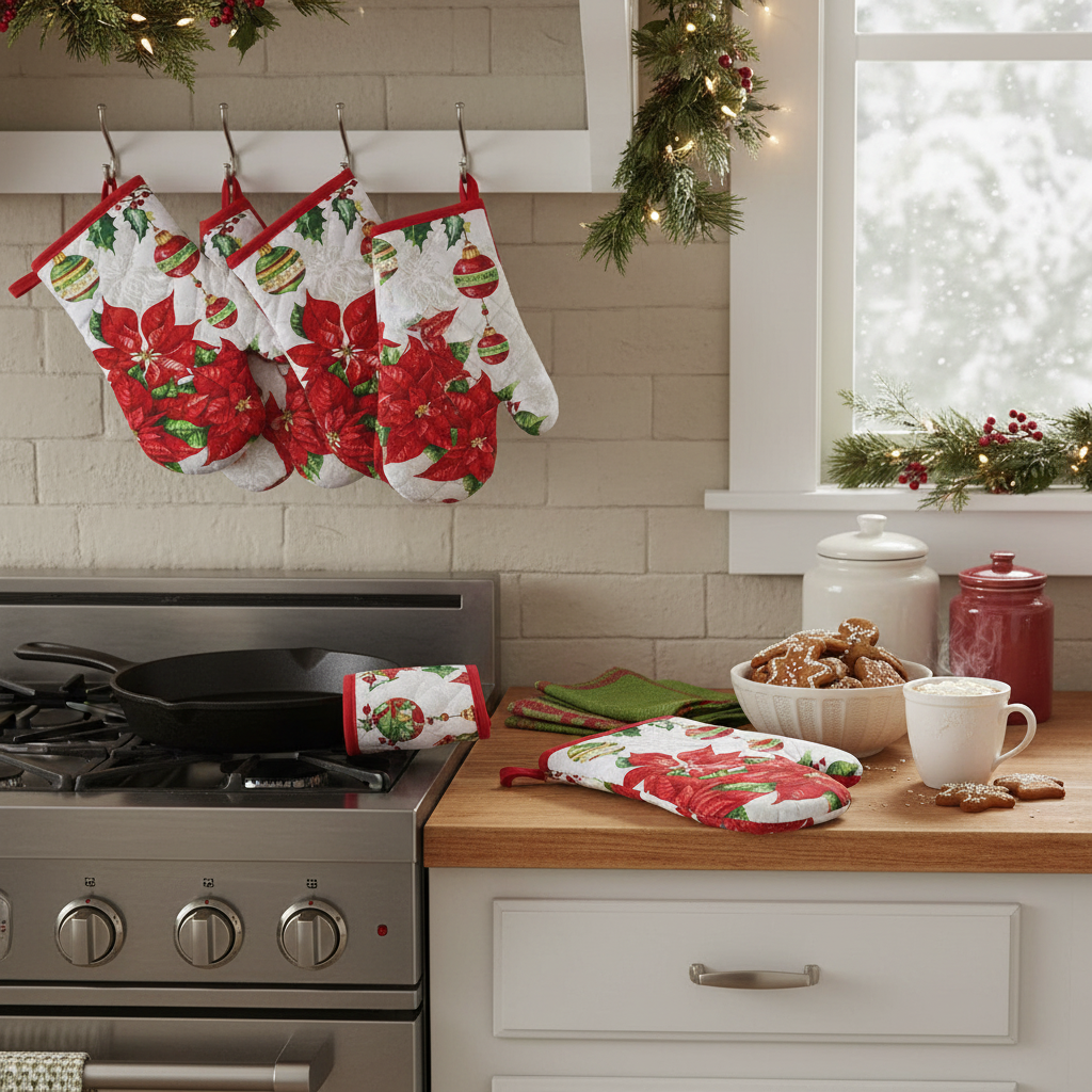 Ornaments Poinsettia Quilted Oven Mitt – Heat Resistant, Christmas Kitchen Gloves – Set of 4