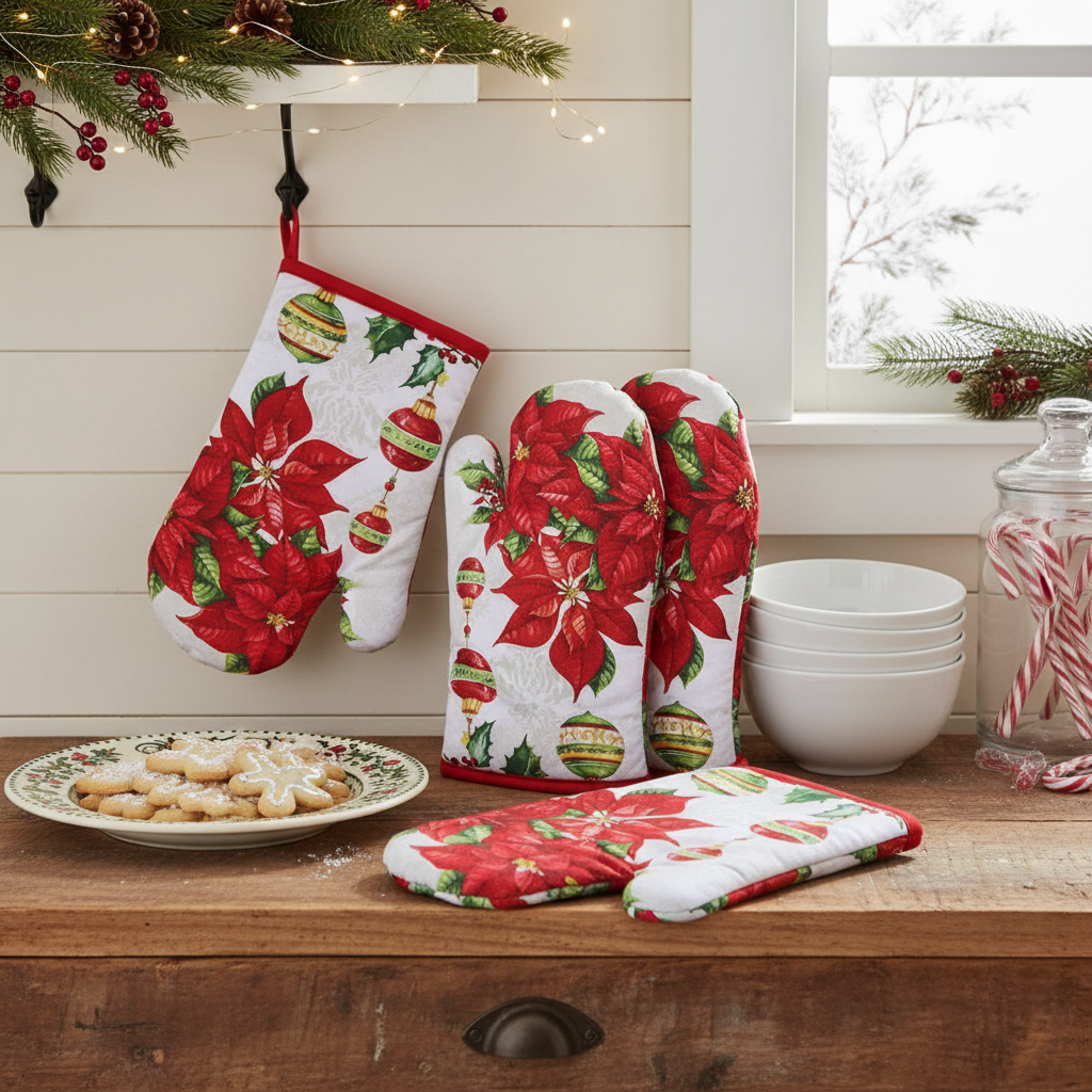 Ornaments Poinsettia Quilted Oven Mitt – Heat Resistant, Christmas Kitchen Gloves – Set of 4