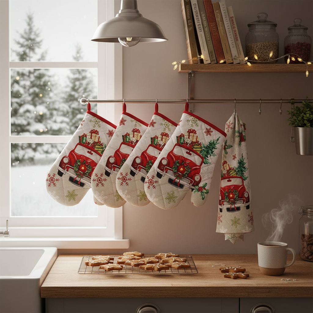 Truck with Gifts Quilted Oven Mitt – Heat Resistant, Kitchen Baking Gloves – Set of 4