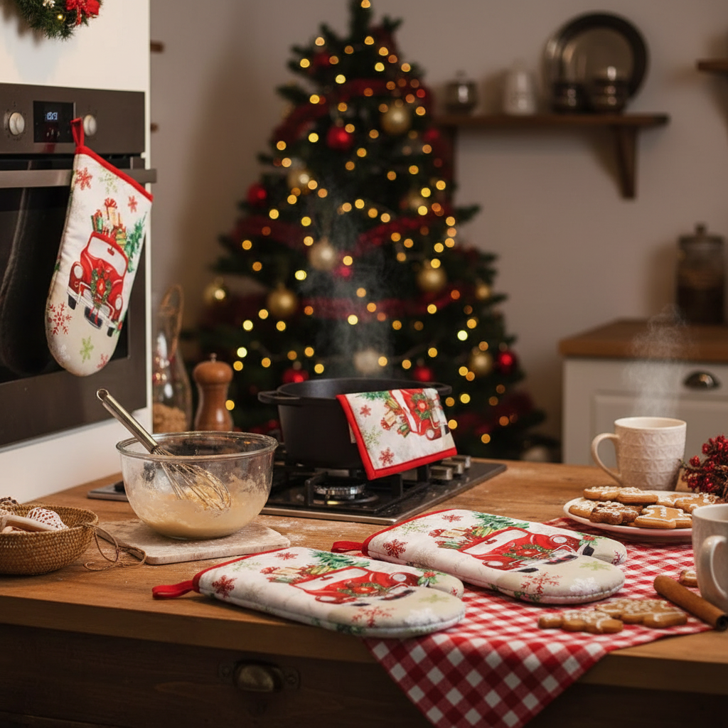 Truck with Gifts Quilted Oven Mitt – Heat Resistant, Kitchen Baking Gloves – Set of 4