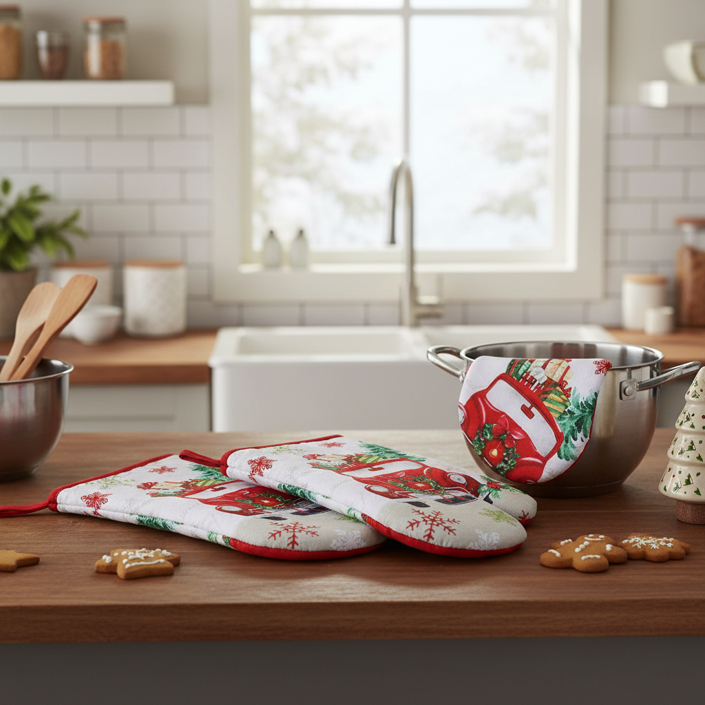 Truck with Gifts Quilted Oven Mitt – Heat Resistant, Kitchen Baking Gloves – Set of 4